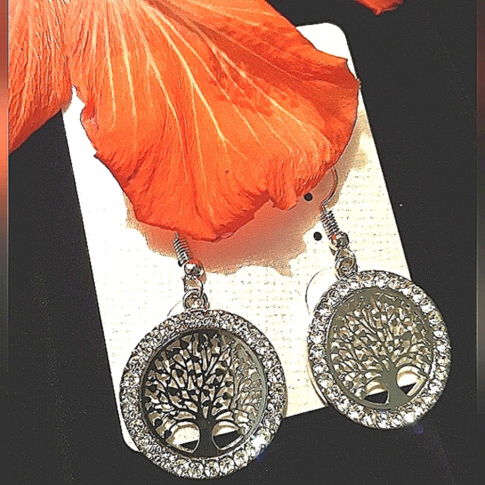 Silver Tree of Life Earrings with Crystal Rhinestone accents on ss earwires